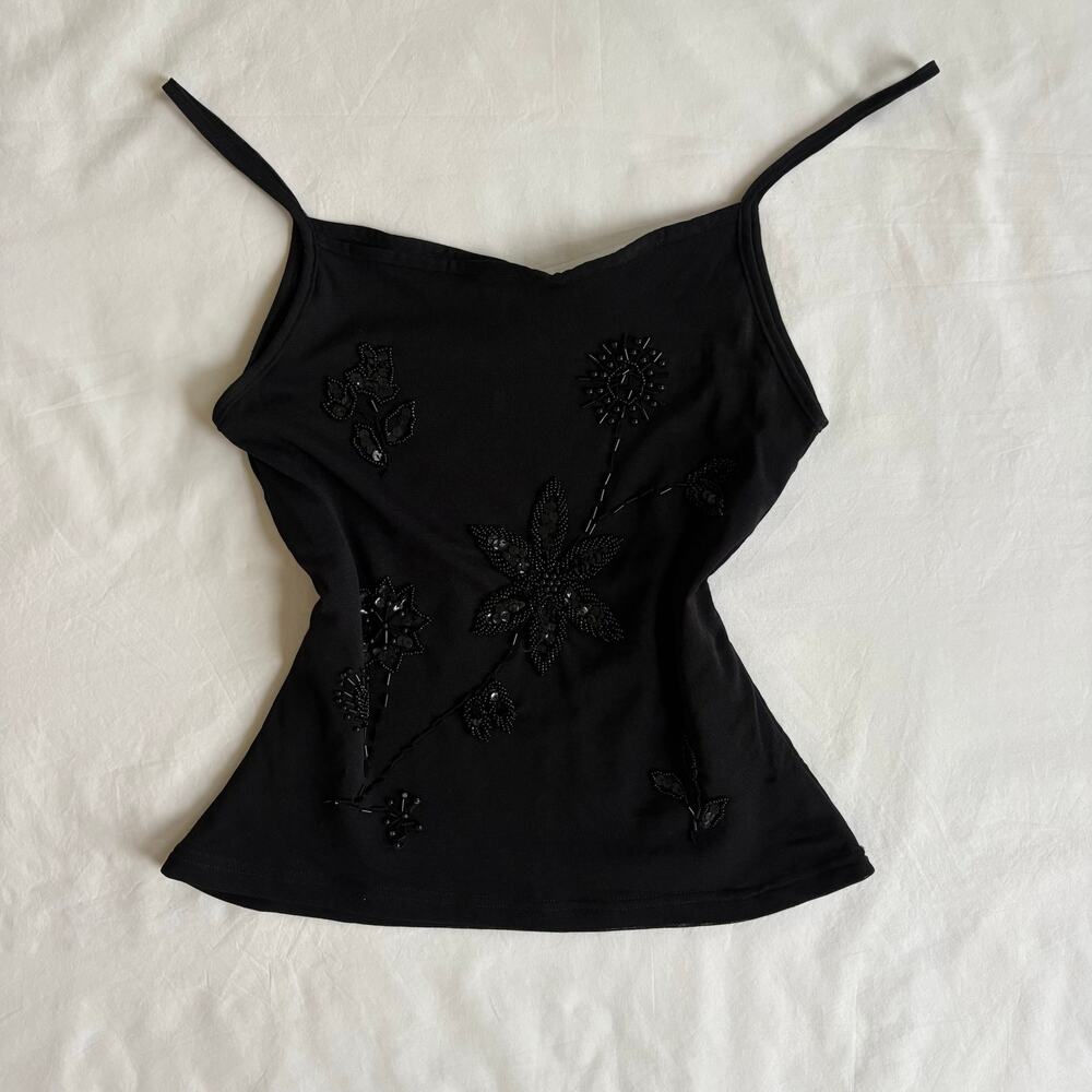 Vintage Y2K Beaded Black Cami Whimsigoth Tank Top